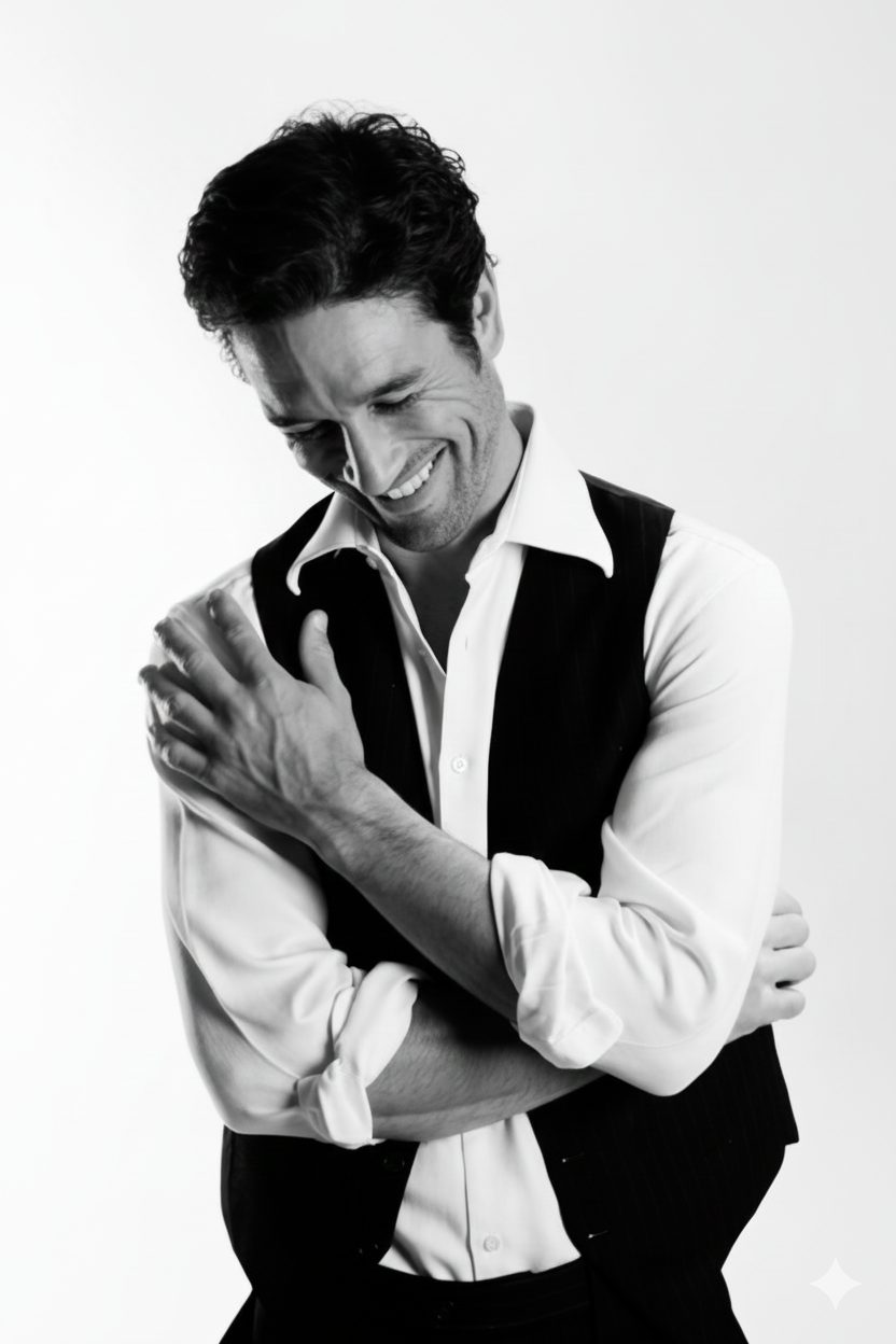 Black and white portrait of a man laughing in waistcoat and shirt